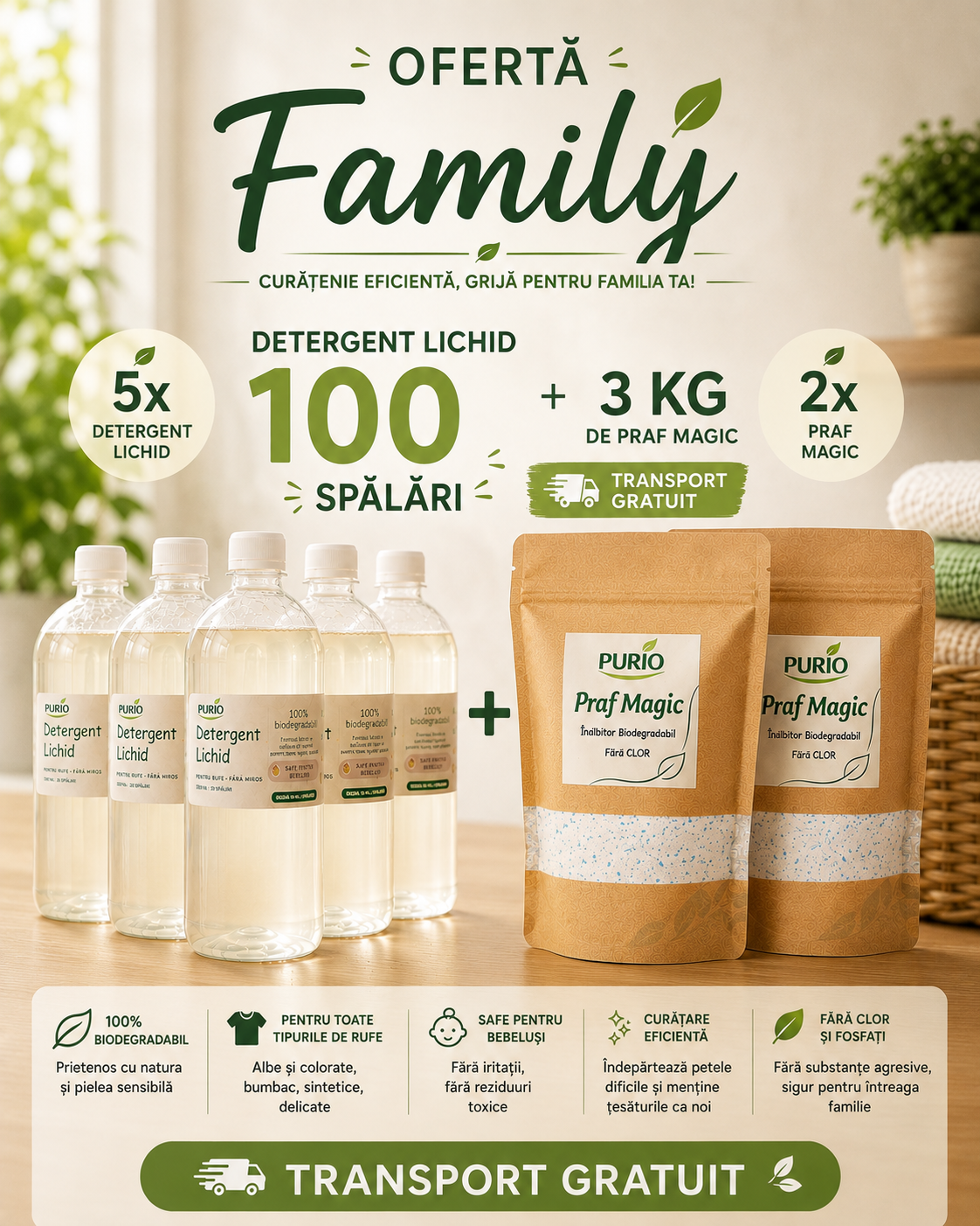 Pachet Family — Detergent Lichid 5L/100 Spălări + Praf Magic 3kg