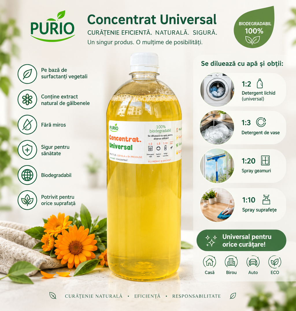 Concentrat Universal PURIO 1L — Multi-uz cu Gălbenele + 3 Recipiente CADOU