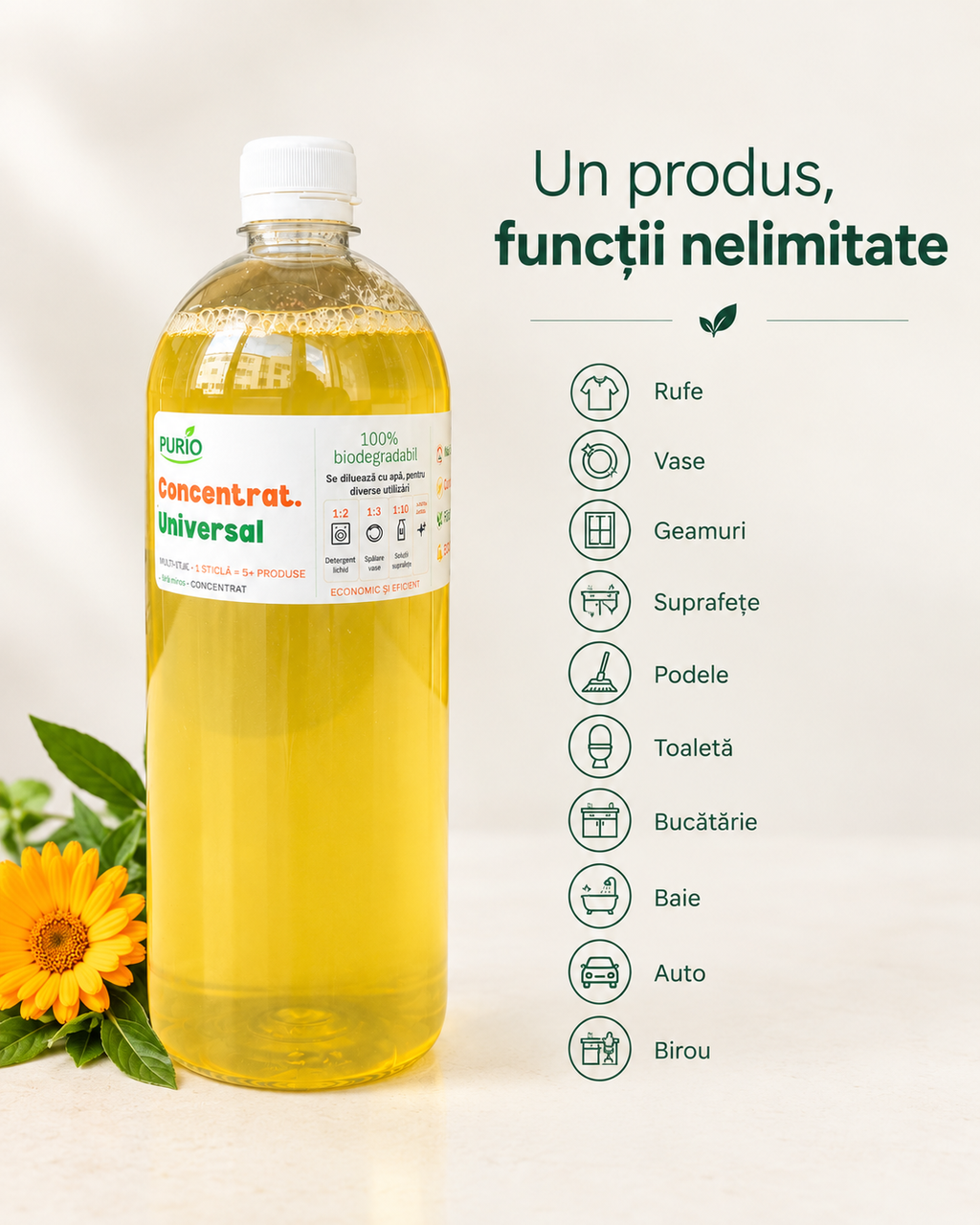 Concentrat Universal PURIO 1L — Multi-uz cu Gălbenele + 3 Recipiente CADOU